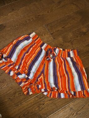 Women's Striped Ruffle Shorts - Orange Multicolor
